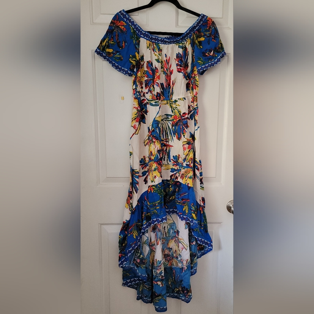 Anthropologie Flying Tomatoes off shoulder high/low tropical dress Sz large.